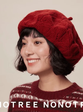 复古针织麻花纹路红色贝雷帽女冬季绞花针织显脸小保暖防寒简约