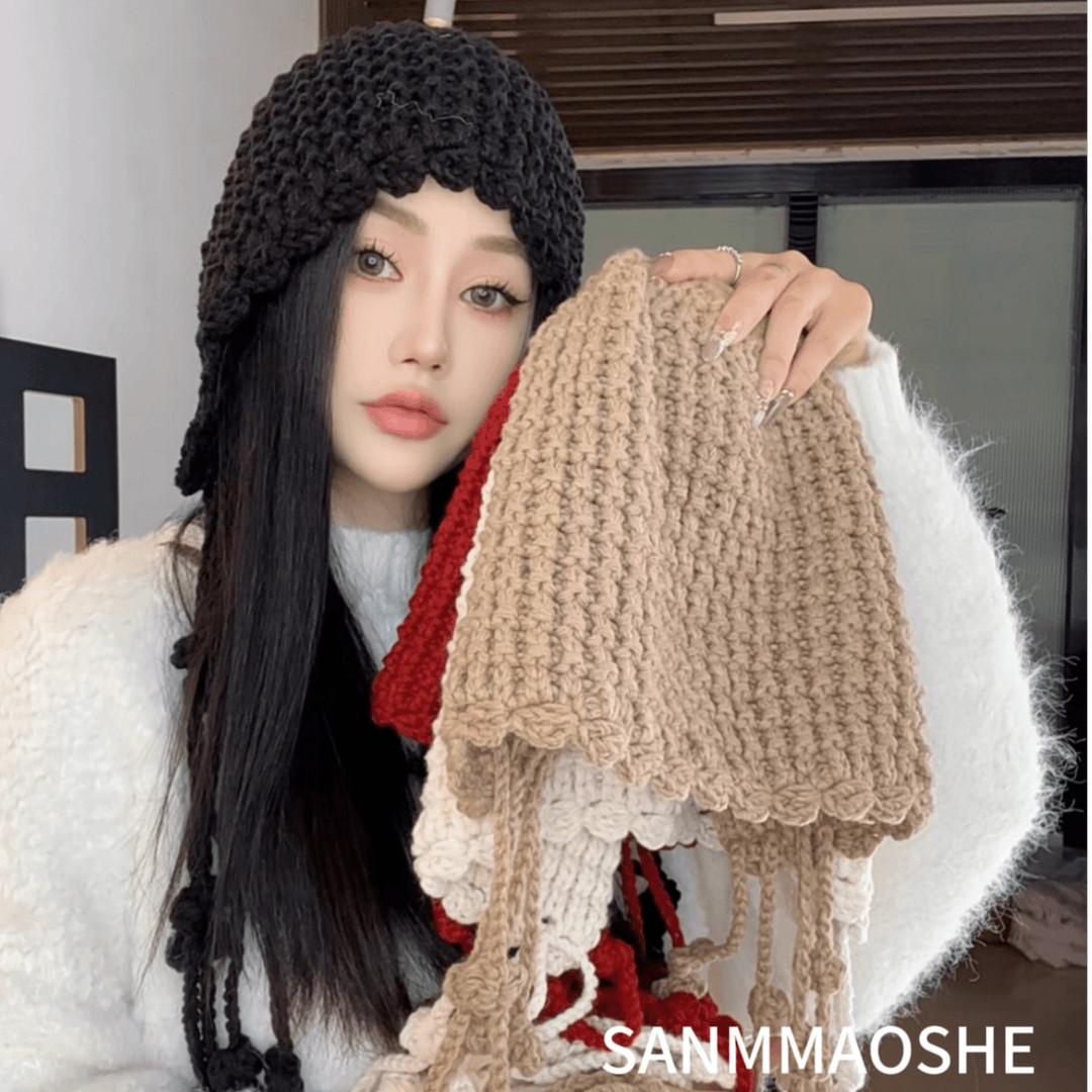 针织网红爆款氛围感潮流纯色编织手工女性帽子流苏女帽