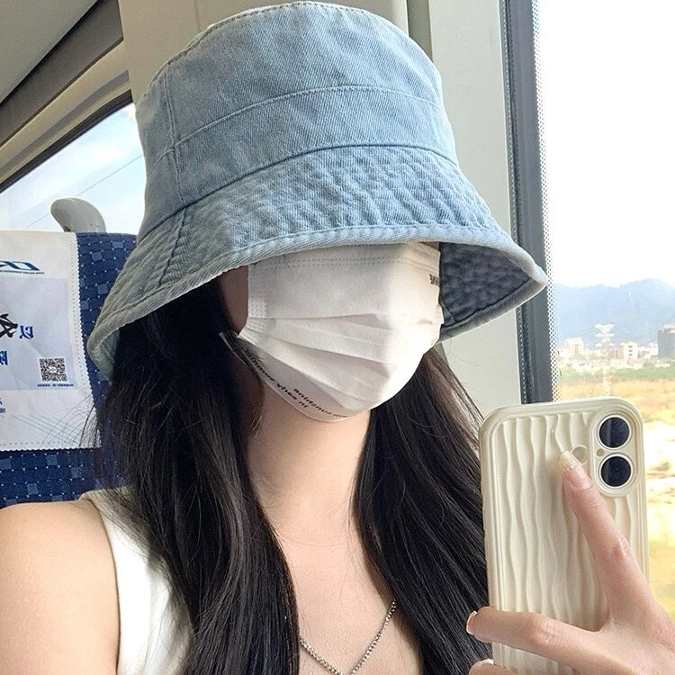 蓝色水洗牛仔渔夫帽子女新款日系百搭显脸小盆帽大头围防晒遮阳帽