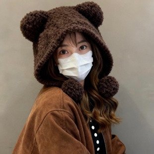 韩版冬天帽子大头围套头加厚毛球针织帽绒绒百搭包头毛绒防寒耳帽