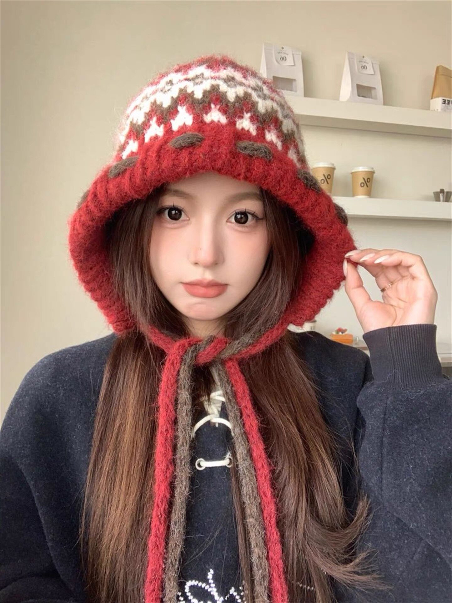 费尔岛风提花针织包头帽女秋冬复古护耳帽保暖毛线帽显脸小个性潮