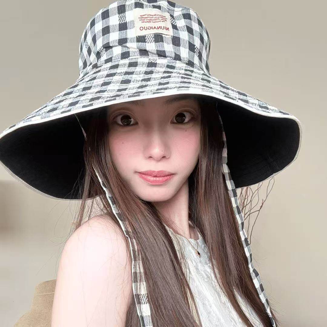 法式复古格纹大檐圆顶防晒帽氛围感出游神器 4色可大檐全脸防晒帽