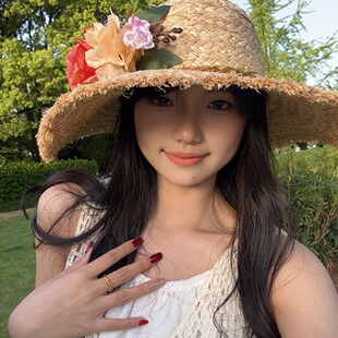 法式花朵拉菲草帽女春夏季大帽檐沙滩防晒帽度假风海边显脸小帽子