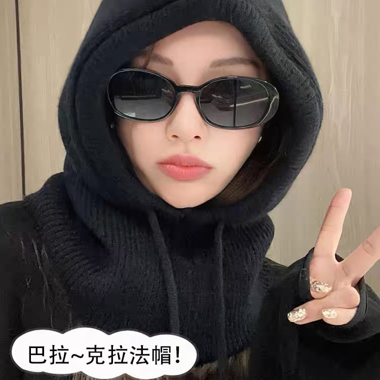 韩系时尚巴拉克拉法帽子女冬季护耳帽子围脖一体保暖防寒针织线帽