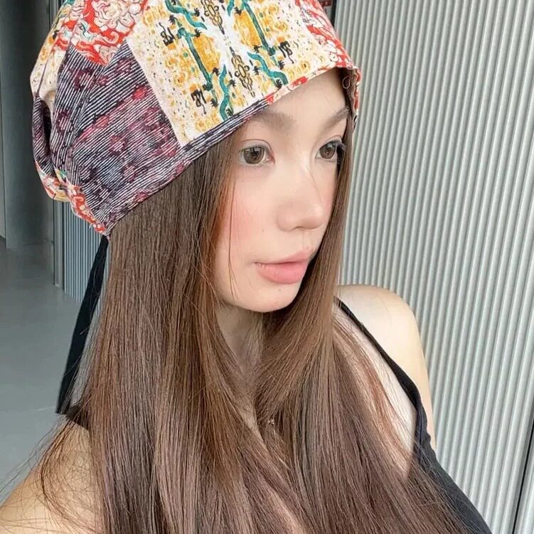 民族风拼色印花包头帽女复古碎花系带头巾帽透气帽旅游拍照堆堆帽