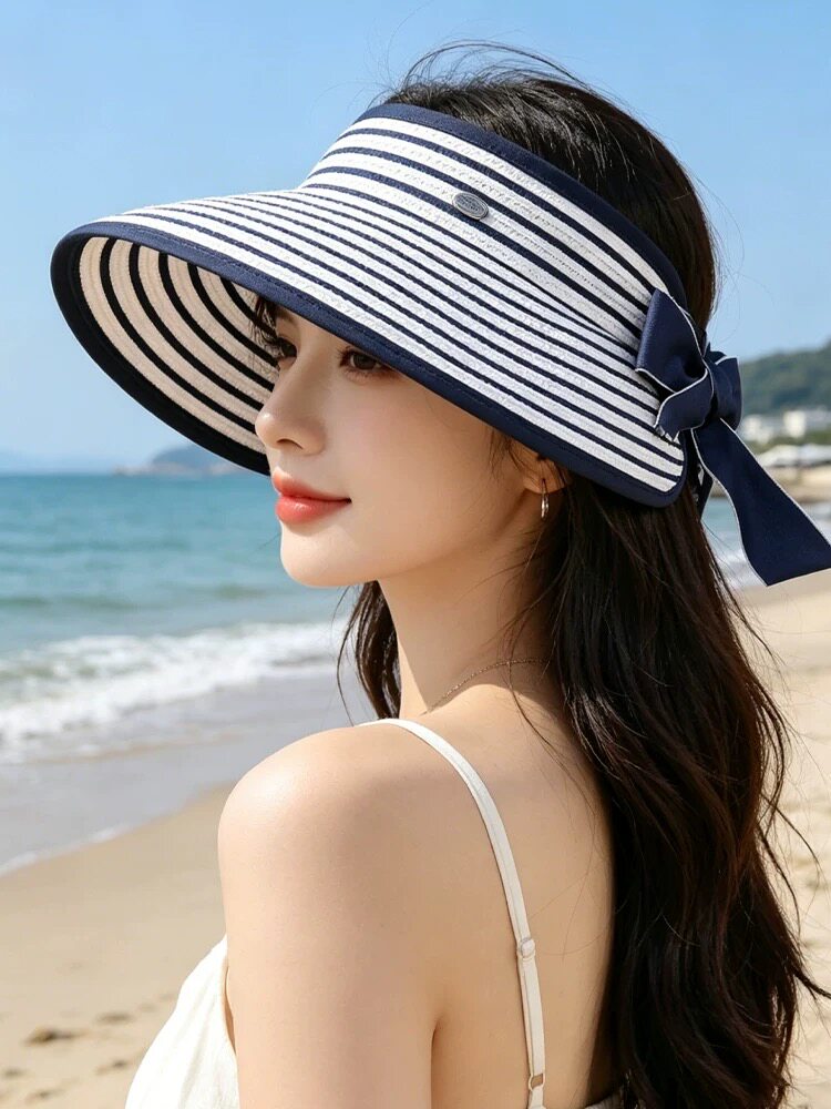 条纹空顶帽女大檐防晒遮阳帽子可折叠海边旅游拍照显脸小太阳草帽