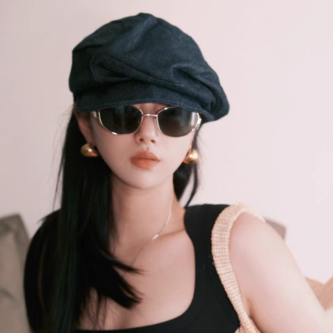小众设计师~复古褶皱汉麻报童帽女2025新款时髦牛仔贝雷八角帽子