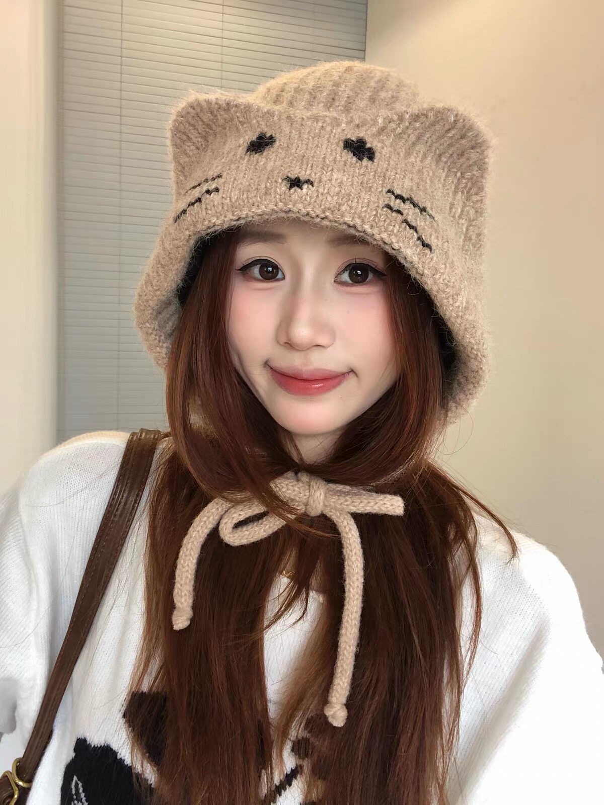 可爱小猫耳朵毛线帽子女秋冬季保暖护耳羊羔绒针织帽显脸小包头帽