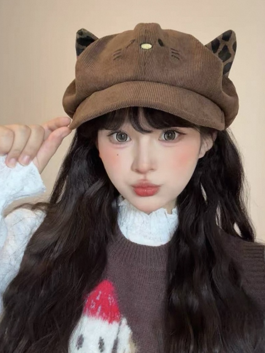新款可爱KT猫刺绣猫耳翻檐贝雷帽女秋冬季显脸小复古百搭八角帽子