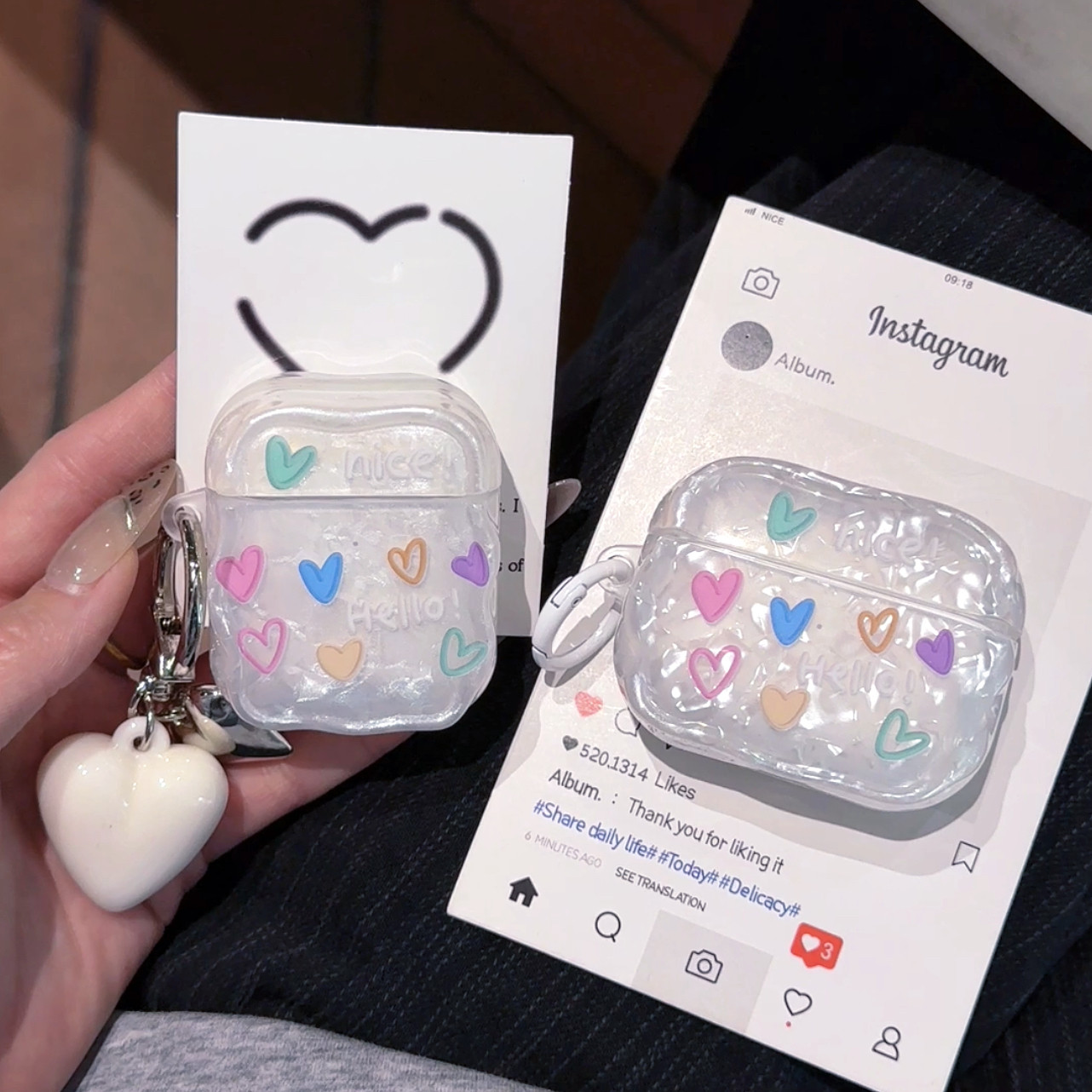 苹果耳机壳适用AirPodsPro2代耳机保护套 苹果耳机airpods4代无线蓝牙耳机壳 彩色可爱爱心图案AirPods保护套