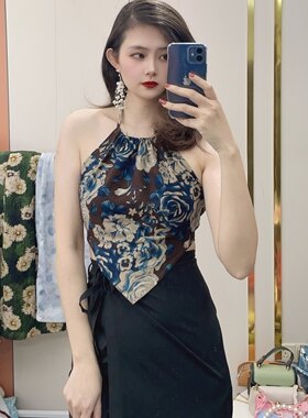 夏季新款复古新中式国风玫瑰挂脖肚兜上衣+一片式半身裙套装女