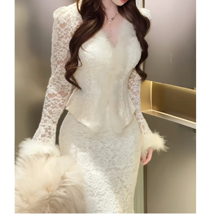 高腰鱼尾半身裙套装 v领收腰上衣 女 秋冬复古绒面蕾丝长袖 灰小猫