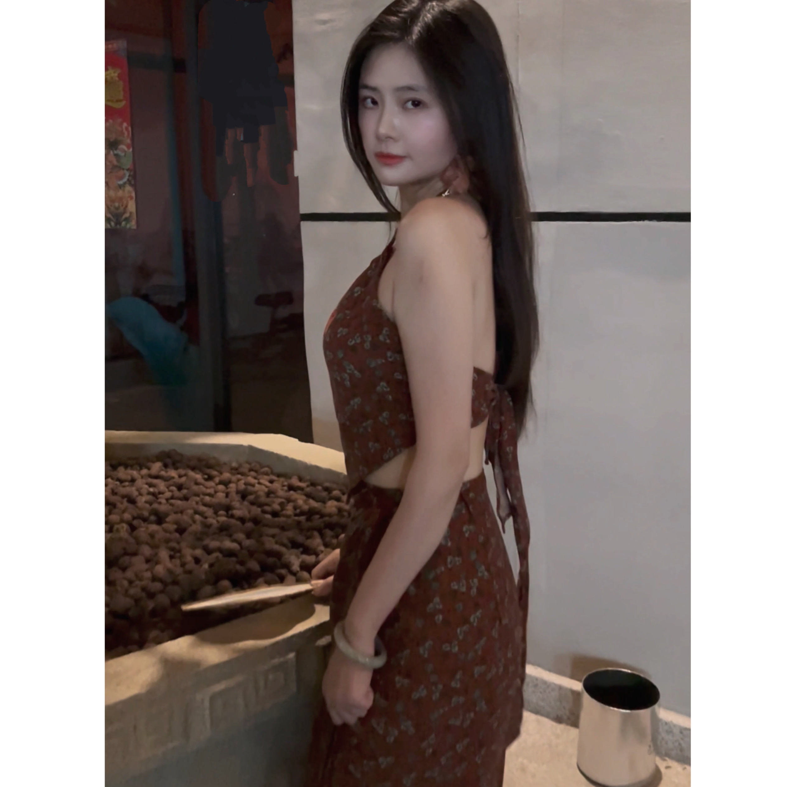 灰小猫 春夏季【花有约】碎花棉麻挂脖肚兜上衣+一片半身裙套装女