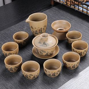 粗陶茶具功夫茶具泡茶器三财盖碗茶杯公道杯整套家用茶具全套