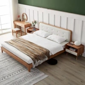 定制北欧简约黑胡桃木白蜡木全实木真皮床1.8米双人床