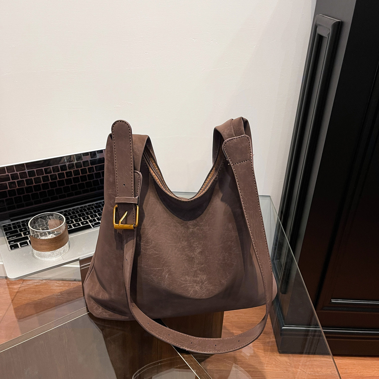 复古软皮腋下包女大容量托特通勤单肩包棕色植绒大包简约美拉德风