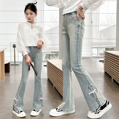 女童中国风刺绣牛仔喇叭裤