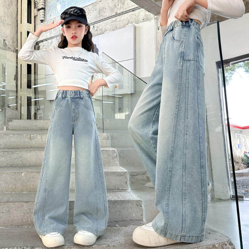 女童牛仔裤春季洋气儿童直筒裤女孩中大童裤子春秋阔腿裤休闲长裤