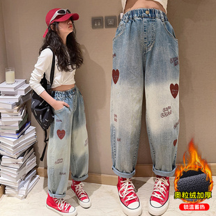子秋冬款 儿童宽松春秋老爹裤 中大童牛仔裤 休闲长裤 冬季 女童加绒裤