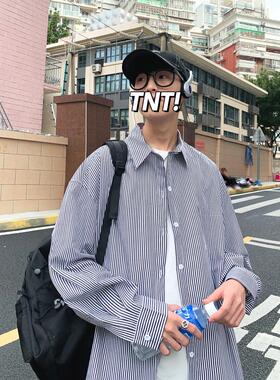 2026 men clothes蓝色衬衫春夏季蓝白条纹男长袖韩版宽松休闲衬衣