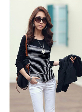 2026 women clothes秋冬新款韩版女装显瘦条纹圆领长袖t恤女打底