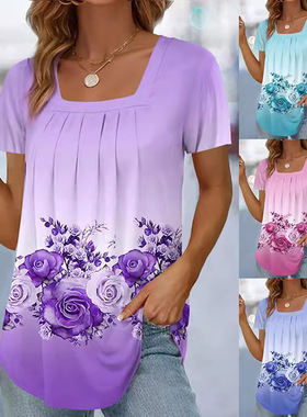 women clothes年新款欧美女装时尚上衣方领褶皱印花短袖T恤