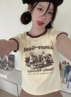 2026 women clothes甜辣风字母印花T恤女夏季修身显瘦短款撞色圆