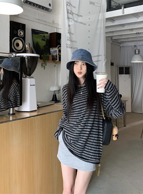 2026 women clothes条纹长袖T恤秋季新款韩系宽松中长款外穿内搭