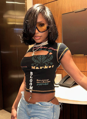 women clothesYJ23656圆领字母印花性感镂空短袖T恤女欧美新款辣