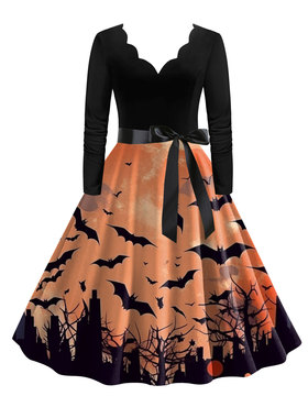2026 women clothesL跨境外贸万圣节女装新款烧花V领长袖撞色黑拼