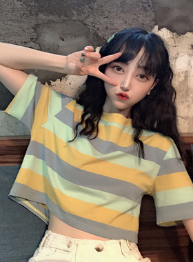 2026 women clothes夏季新款韩版宽松彩虹条纹短袖T恤女学生短款