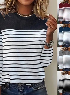 women clothes秋冬新款热卖长袖条纹双色印花拼接圆领上衣T恤