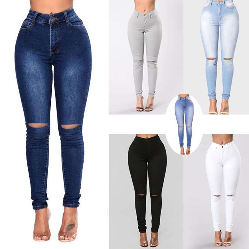 women clothes外贸货欧美修身显瘦高弹破洞牛仔裤铅笔长裤女直销
