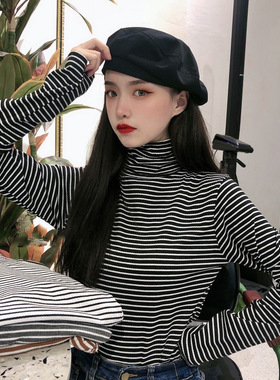 2026 women clothes秋冬韩版新款T恤薄款条纹高领内搭打底修身显