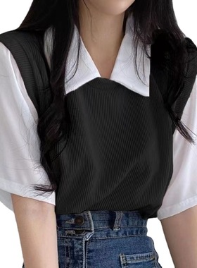 2026 women clothes夏季polo翻领假两件学院风撞色短袖T恤女宽松