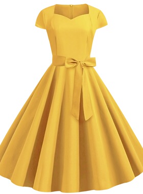 2026 women clothesL8037 跨境夏季新品复古女装包袖纯色腰带大摆