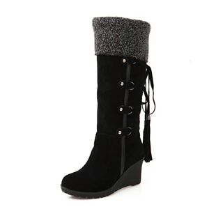 2026 shoes women翻边毛毛松糕厚底坡跟长靴女秋冬新款跨境大码42