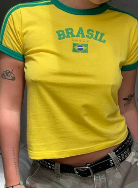 women clothes跨境短款修身字母欧美上衣Y2K 女士夏季款T恤 露脐