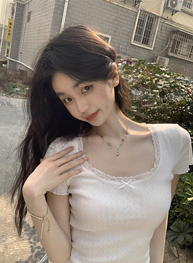 2026 women clothes白色纯欲甜美蕾丝修身显瘦打底女夏季正肩短款