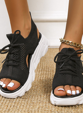 2026 shoes women42大码运动凉鞋女夏新款厚底飞织软底休闲平底镂