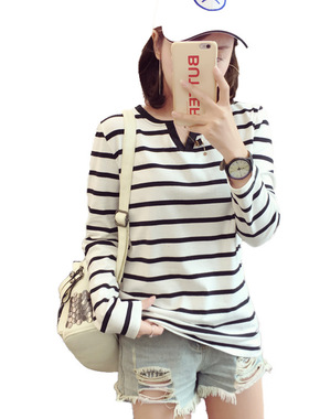 2026 women clothes春装新款女V领条纹长袖修身打底衫女T恤学生装