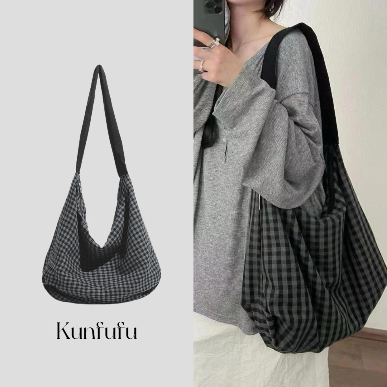 格子慵懒风大容量帆布包学生上课通勤托特包文艺休闲单肩hobo包包