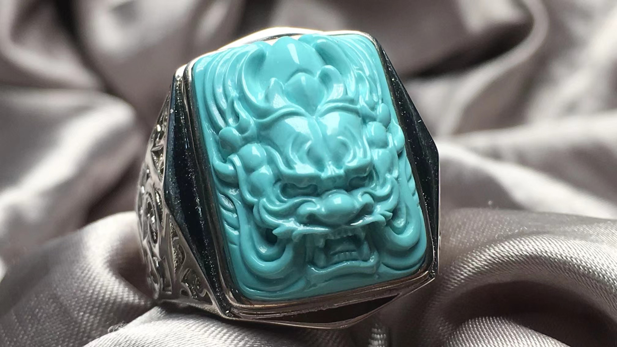 原矿天然绿松石戒指男女1纯银镶嵌男士复古雕刻龙头戒面戒指