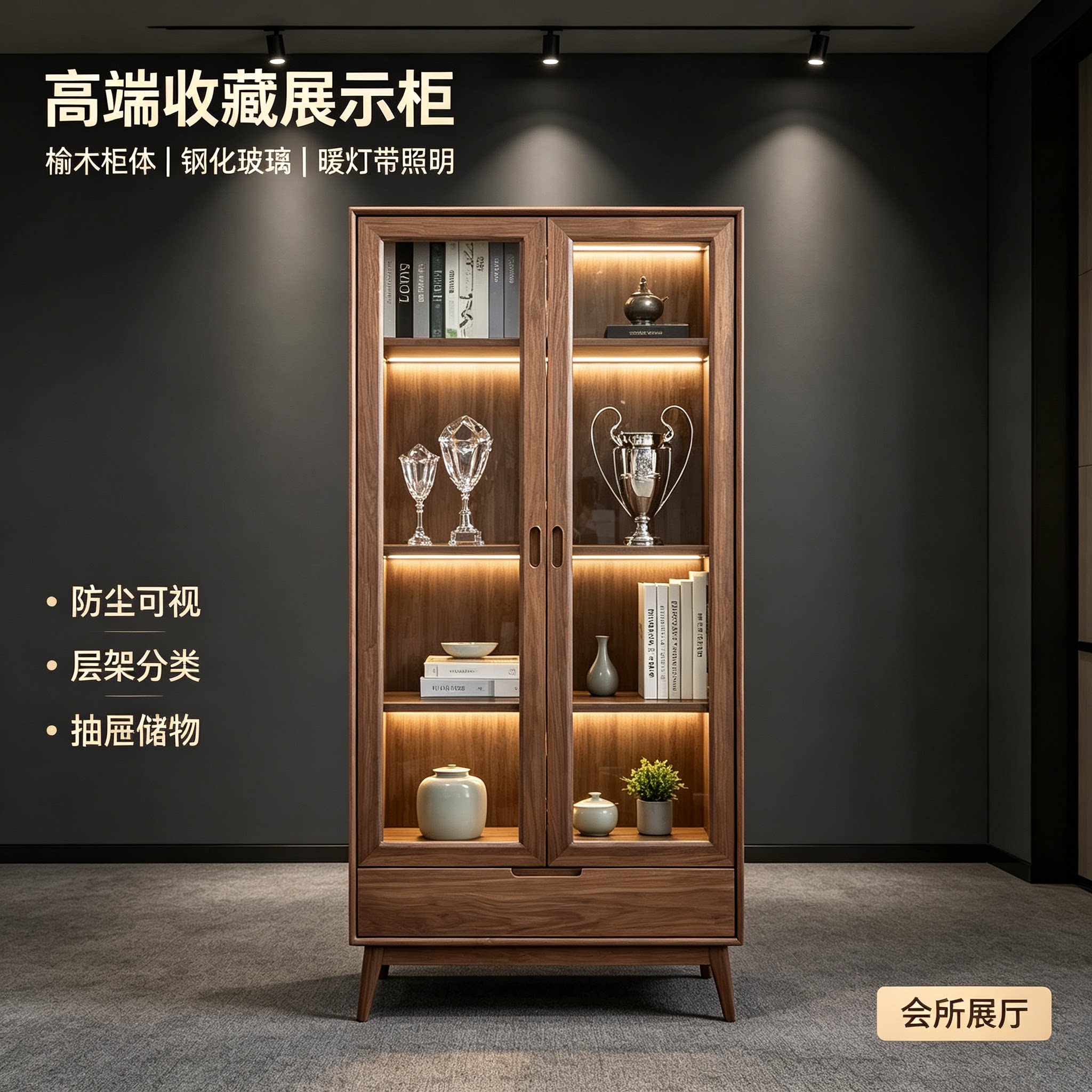 新中式老榆木玻璃展示柜双门带灯书柜茶室茶器收纳客厅玄关陈列柜