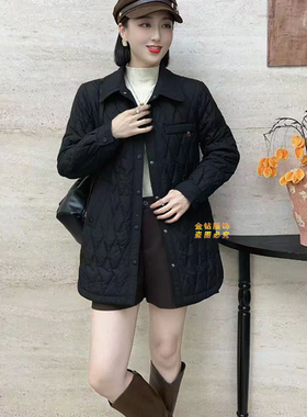 中长款翻领薄款棉衣女2025年秋冬季新款宽松大码纯色夹棉保暖外套