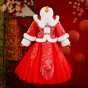 女童汉服拜年服加绒过年喜庆衣服儿童装2025新款中国风秋冬装新年