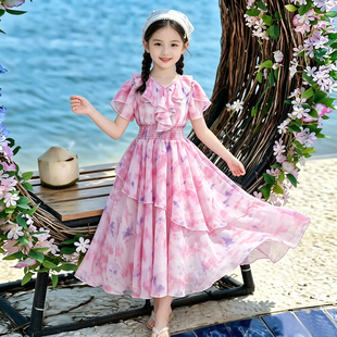 女童碎花夏季连衣裙2026新款夏装长裙公主裙沙滩裙子雪纺儿童童装