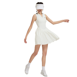 白色网球连衣裙女装小V领修身速干衣羽毛球服高尔夫百褶运动短裙