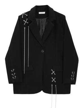 韩系黑色西装外套女早春设计感小众炸街气质宽松小个子休闲西服潮