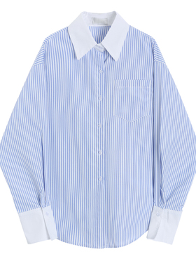 盐系蓝白条纹撞色长袖衬衫女2026春秋设计感小众显瘦百搭宽松上衣